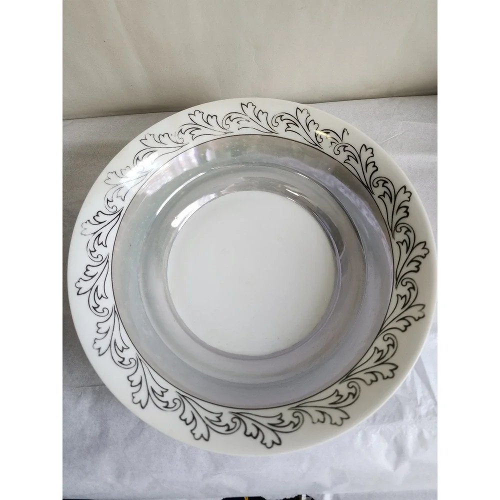 Vintage RS Germany Porcelain Lusterware Bowl Black Scroll Leaf Iridescent White